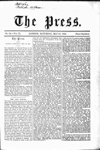 cover page of Press (London) published on May 13, 1854