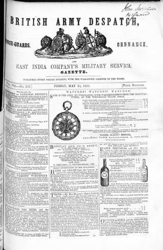 cover page of British Army Despatch published on May 13, 1853