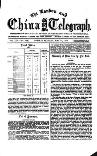 cover page of London and China Telegraph published on May 13, 1872